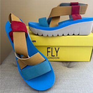 Fly London Colorblock Wedge Sandals in Blue, Tan & Red